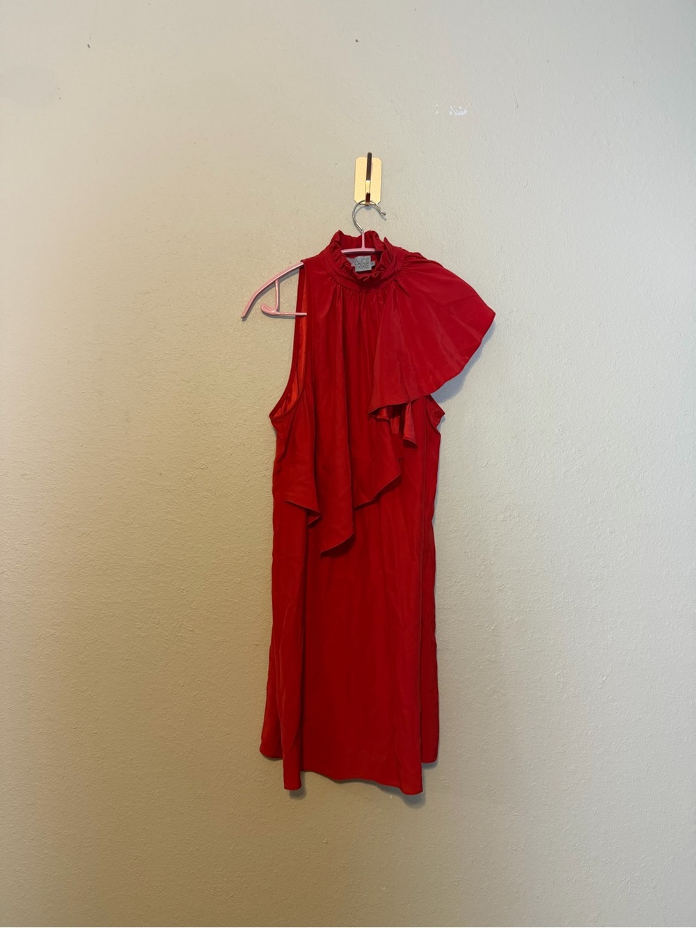ALICE & TRIXIE SILK DRESS Red One Shoulder Ruffle Sleeve Size Medium